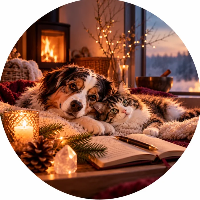 Hund und Katze kuscheln in der Winternacht